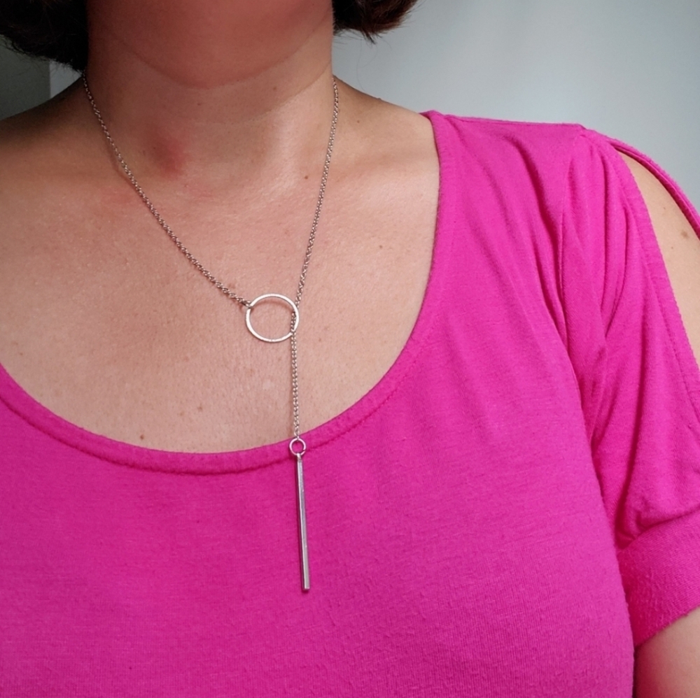 Y Shaped Chain Necklace Circle Bar SILVER Color